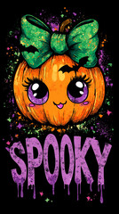 A spooky cute pumpkin with a bow and bats, perfect for Halloween. The pumpkin has big eyes and a cheerful smile, embodying the spirit of the holiday