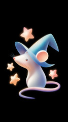 A whimsical illustration of a mouse wearing a wizard's hat, surrounded by stars