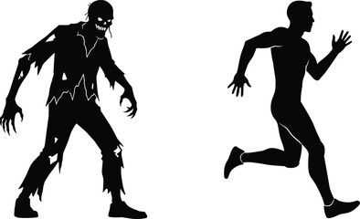 Zombie chasing man silhouette vector, horror escape scene, dramatic black and white illustration for Halloween, fear, survival, thriller concept design