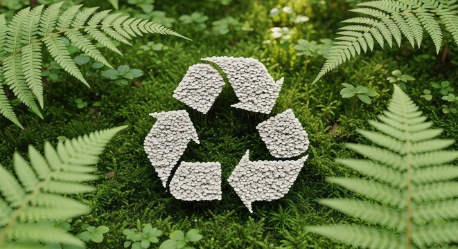 Recycling symbol artfully crafted from textured material surrounded by lush green ferns and moss highlighting a commitment to environmental conservation and sustainability