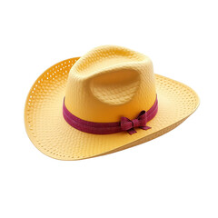 Stylish, yellow summer hat with a maroon band and a bow on a solid black background.