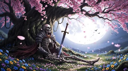 Skeleton Knight Resting Beneath a Blooming Cherry Blossom Tree Under the Full Moon - Powered by Adobe