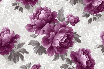 A rich floral design features deep purple peony blossoms against a textured background of muted gray and white damask patterns.