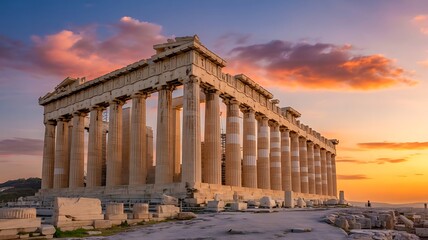 Obraz premium Restored Parthenon Temple at Sunset with Doric Columns and Scaffolding