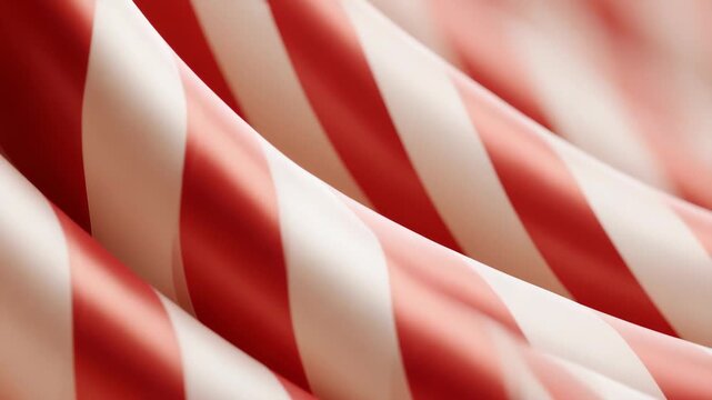 Detailed macro shot of red and white striped candy canes arranged in a dynamic, wavy pattern, ideal for Christmas, festive backgrounds, winter celebrations, and sweet holiday decoration inspiration