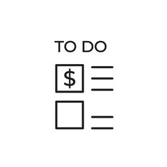 Minimalist line icon of a to-do list with a dollar sign, symbolizing profitable tasks. Ideal for illustrating financial planning, task prioritization, business efficiency, and economic goals.