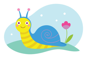 Obraz premium Cartoon Snail with Flower in a Flat Design Style for Children
