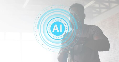 Athlete bending grasping bottle wiping sweat with AI interface pulsing supporting gym hydration - Powered by Adobe