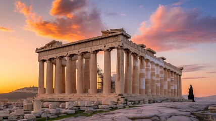 Obraz premium Restored Parthenon Temple at Sunset with Doric Columns and Scaffolding