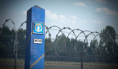 Border post with flag of Northern Mariana Islands - 3D illustration