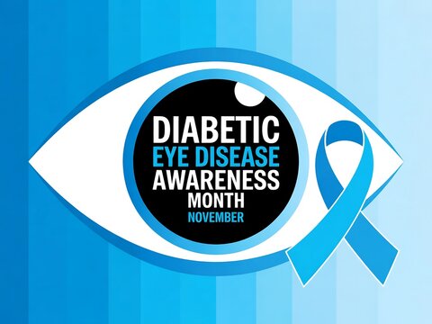 Promoting awareness for diabetic eye disease month with a stylized eye and blue ribbon symbol