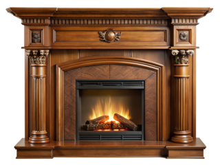 Luxurious wooden fireplace with burning logs and ornate carvings isolated on transparent background
