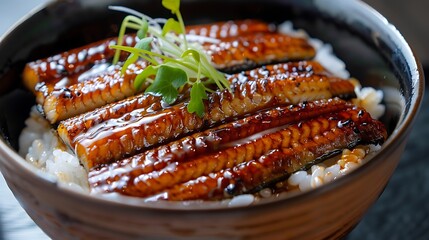 Close up of unagi donburi with rice and garnish served in a dark bowl on a dark surface