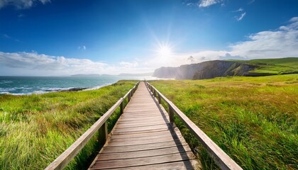 Fototapeta premium wooden boardwalk through grassy field towards coastal cliffs under sunny sky wooden path walkway