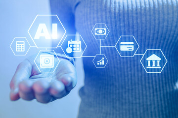 A woman is holding a hand with a blue background and a blue word AI