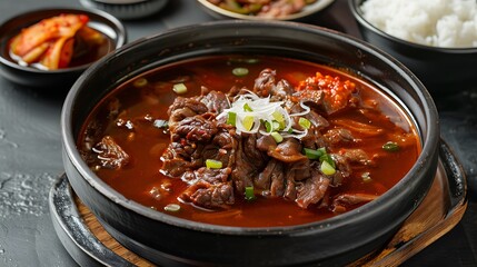 A close up of yukgaejang in a black bowl with kimchi and rice in the background on a gray surface