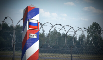 Border post with flag of Russia - 3D illustration