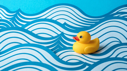 Classic Yellow Rubber Duck Floating On Stylized Water