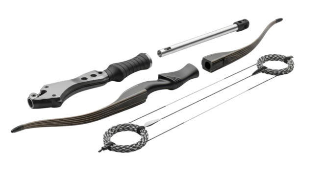 Recurve bow disassembled into parts isolated PNG with Transparent Background - Powered by Adobe