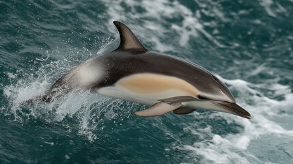 Fototapeta premium A dolphin gracefully jumps out of the vibrant blue ocean waves showcasing its sleek body against the sparkling water. The afternoon sun enhances the lively scene.