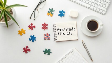 Overhead View of White Desk with Office Supplies, Notebook, and Jigsaw Pieces