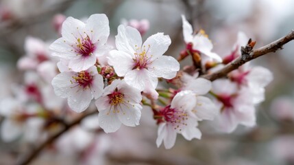 Cherry blossoms fill the branches with soft pink and white flowers signaling the arrival of spring in a peaceful garden. The scene captures natures beauty and tranquility.