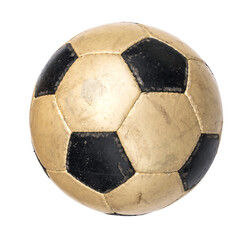 Old Golden Soccer ball with wear and tear from play. Classic black and white football isolated on...