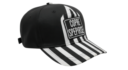 Black and white baseball cap with the text "COPRE SPPEIRSE" isolated PNG with Transparent Background