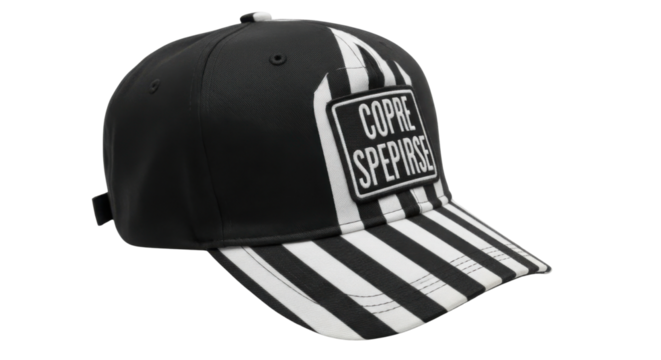 Black and white baseball cap with the text "COPRE SPPEIRSE" isolated PNG with Transparent Background