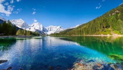 crystal clear alpine lake with snow capped mountains and forests n generative ai nature landscape