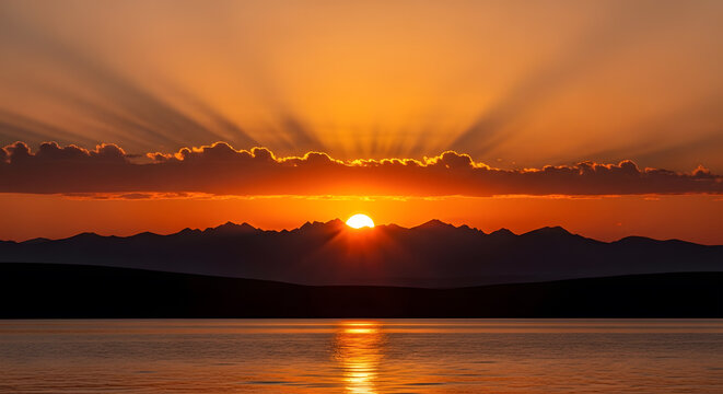 Dramatic sunset with sun rays bursting over silhouetted mountains and calm water image photo