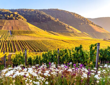 Golden vineyard landscape at sunrise