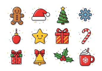 Christmas icons gingerbread man santa hat tree snowflake ornament star gift candy cane bell holly mug