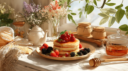 Deliciously stacked pancakes topped with fresh strawberries, raspberries, and blackberries on a rustic table with flowers and tea