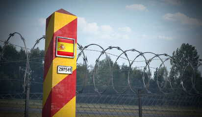 Border post with flag of Spain - 3D illustration