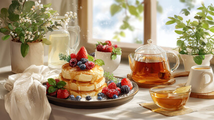 Pancakes topped with fresh berries, honey, and tea, surrounded by light greenery and a bright, sunny kitchen setting