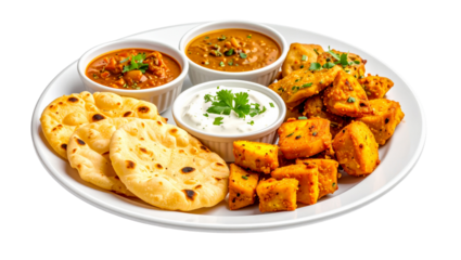 Overhead view of indian meal with roti, cauliflower, chickpea curry and sliced onions on a plate on transparent background