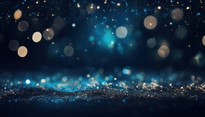 Obraz premium sparkling blue glitter background with glowing golden bokeh lights and shimmering particles in dreamy night atmosphere perfect for festive wallpaper banner or elegant commercial backdrop