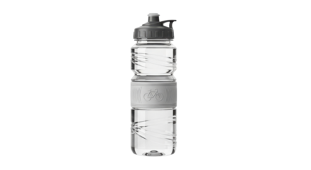 Clear water bottle with gray top and grip isolated PNG with Transparent Background
