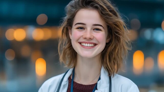 Young female doctor smiling outdoors.