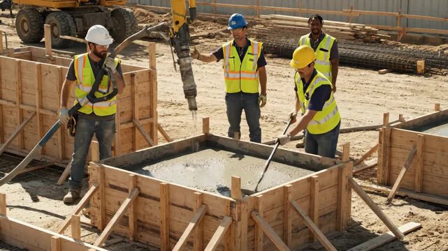 Construction Workers Pouring Concrete into Formwork - Construction workers are shown pouring concrete into a wooden formwork using a pump.
