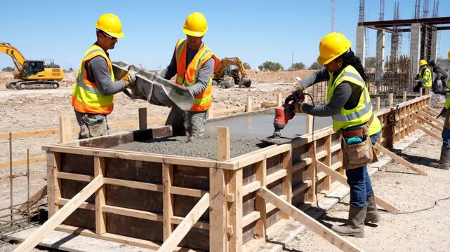 Construction Workers Pouring Concrete - Construction workers pour concrete into wooden formwork on a sunny day. Several workers are involved, with some using tools to smooth the concrete.