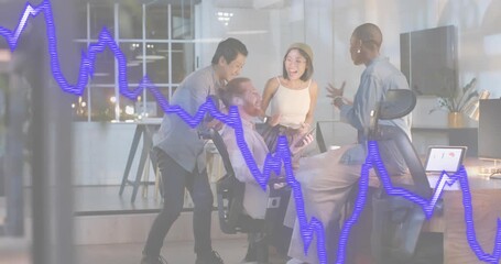 Man tapping phone activating finance chart dipping then rising, colleagues leaning in celebrating - Powered by Adobe