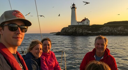 Group enjoying a sailboat ride near nubble lighthouse at sunset with birds flying overhead in maine usa