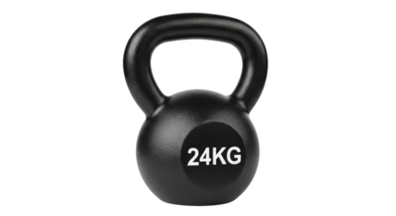 Black 24KG kettlebell for strength training and fitness isolated PNG with Transparent Background