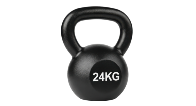 Black 24KG kettlebell for strength training and fitness isolated PNG with Transparent Background