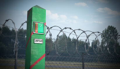 Border post with flag of Turkmenistan - 3D illustration