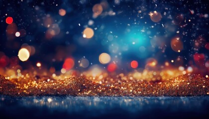 sparkling golden glitter and bokeh lights on deep blue background with festive shimmer and glowing particles creating dreamy abstract holiday texture for wallpaper or banner