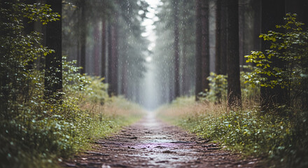Obraz premium Forest path in the rain with tall trees and lush green foliage nature