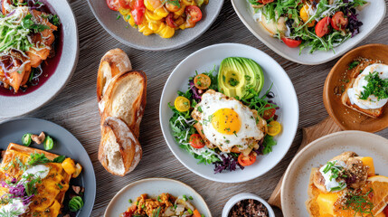 Assorted delicious dishes featuring fresh ingredients, colorful salads, eggs, and artisan bread on a wooden table